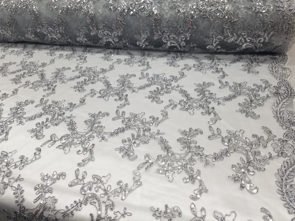 Silver Metallic Flowers Sequins on A Mesh Lace Fabric for Tablecloths, Costumes, Decorations, Runners by the Yard