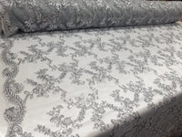 Silver Metallic Flowers Sequins on A Mesh Lace Fabric for Tablecloths, Costumes, Decorations, Runners by the Yard