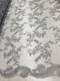 Silver Metallic Flowers Sequins on A Mesh Lace Fabric for Tablecloths, Costumes, Decorations, Runners by the Yard