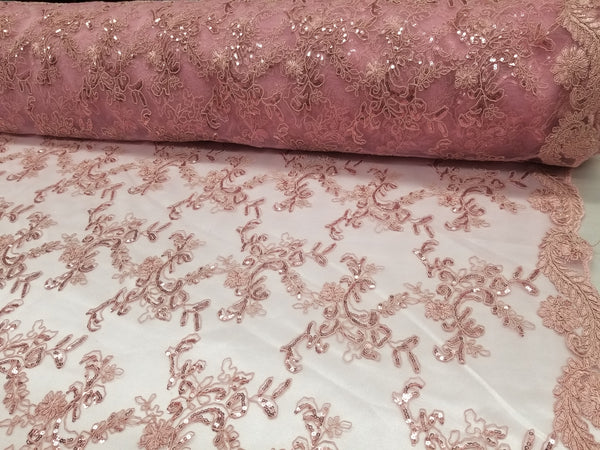 Mauve Metallic Flowers Sequins on A Mesh Lace Fabric for Tablecloths, Costumes, Decorations, Runners by the Yard