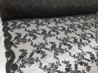 Elegant Black 50" Floral Embroidery Lace in Mesh by Yard