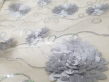 Assorted Colors Fancy Lace  52 inches Wide Sequined with Metallic Silver and 3D Flowers Sold by Yard
