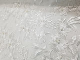 Elegant White Emb with Pearls 51" Floral Embroidery in Mesh by Yard