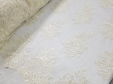 Ivory Embroidered with Sequins Flowers on A Mesh Lace Fabric for Tablecloths, Costumes, Decorations, Runners by the Yard