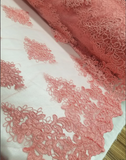 Coral Embroidery Bridal Wedding Floral Mesh Lace Fabric by Yard