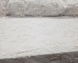 White 57" Embroidery with Pearls Flowers on A Mesh Lace Fabric for Tablecloths, Costumes, Decorations, Runners by the Yard