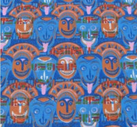 African Cultural  Tribal Masks Printed Poly Cotton Fabric ( Multi-Blue ) By The Yard
