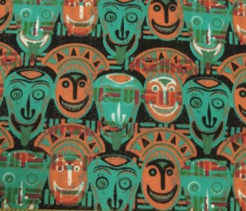 African Cultural Tribal Masks Printed Poly Cotton Fabric ( Multi-Green ) By The Yard