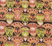 African Cultural Tribal Masks Printed Poly Cotton Fabric ( Multi-Peach ) By The Yard