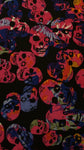 Skulls Print Tri-Color Orange Blue Yellow Pink Heavy Thick Chiffon / Spandex Stretch Fabric Soly By The Yard (1) 60" Wide Black Background