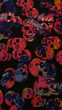 Skulls Print Tri-Color Orange Blue Yellow Pink Heavy Thick Chiffon / Spandex Stretch Fabric Soly By The Yard (1) 60" Wide Black Background
