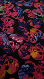 Skulls Print Tri-Color Orange Blue Yellow Pink Heavy Thick Chiffon / Spandex Stretch Fabric Soly By The Yard (1) 60" Wide Black Background