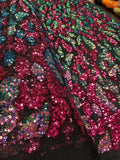 Fuschia Multicolor Super Luxury Full Sequins Embroidered Lace in Black Tulle by The Yard