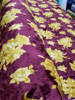 Merlot Solar Gold Floral Print Crushed Stretch Velvet Fabric By Yard