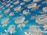 Elegant Turquoise/Silver Floral Metallic Jacquard Brocade 60" By the Yard