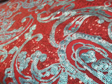 Elegant Paisley Design Turquoise/Black Bridal Lace Fabric With Sequins Embroidery By The Yard