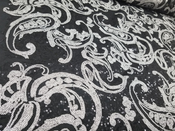 Elegant Paisley Design Turquoise/Black Bridal Lace Fabric With Sequins Embroidery By The Yard