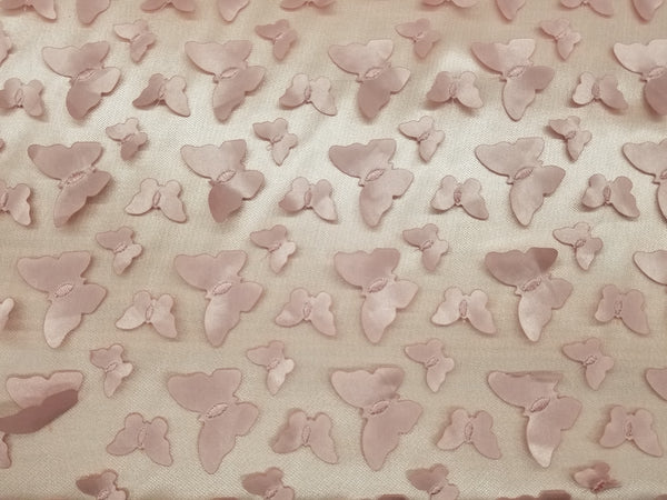 3D Butterfly Design Embroider on Blush Mesh Fabric - Sold By the Yard