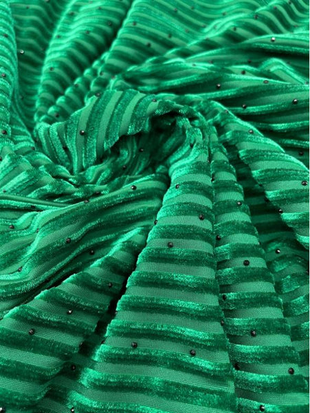Kelly Green Stripe Jacquard Silk Korea Stretch Velvet Fabric For Dress ALOHALACE Kelly Green Stripe Jacquard Silk Korea Stretch Velvet Fabric For Dress ALOHALACE