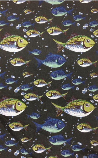 Fish Print Poly Cotton Fabric ( Black ) By The Yard