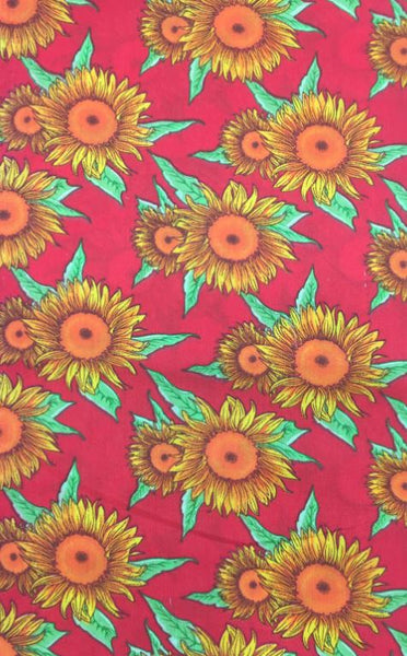 Sunflower Print Poly Cotton Fabric ( Red ) By The Yard