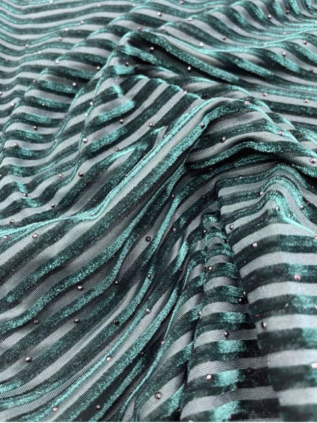 Green Stripe Jacquard Silk Korea Stretch Velvet Fabric For Dress by Yard