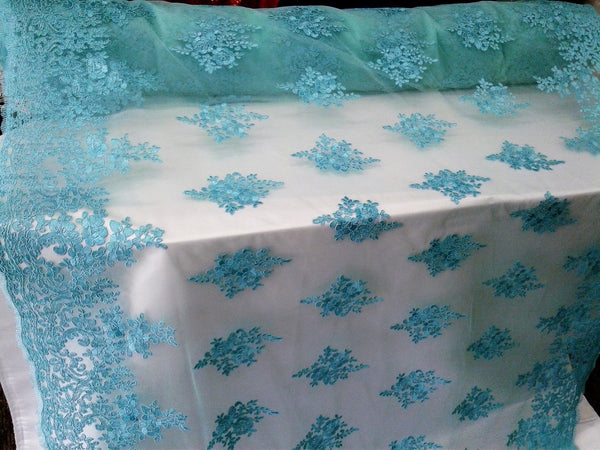 54" Aqua French Floral Design Lace in Mesh By The Yard
