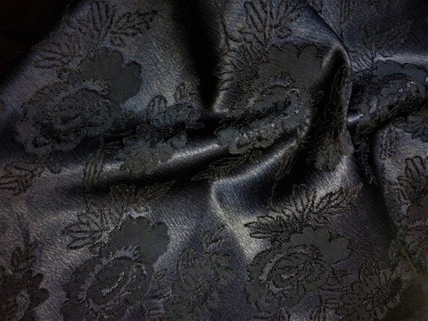 Navy Blue Floral Design Jacquard Brocade Cotton Poly Fabric Sold by Yard