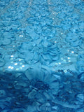 Gorgeous Aqua Floral Poly Satin Rosette with Sequins Fabric by the Yard